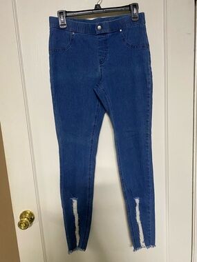 HUE Women's Dark Blue Stretch Jeans/Jeggings with Distressed Hem Slit